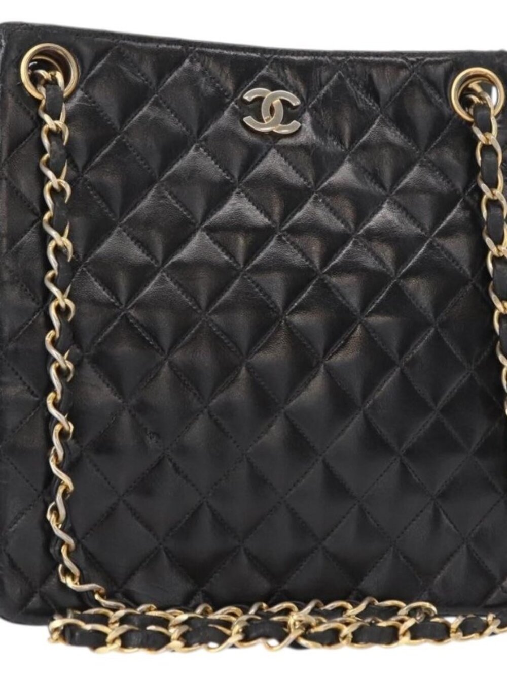 CHANEL Matelasse Chain Shoulder Bag Patent leather Black Gold CC Auth 154765
